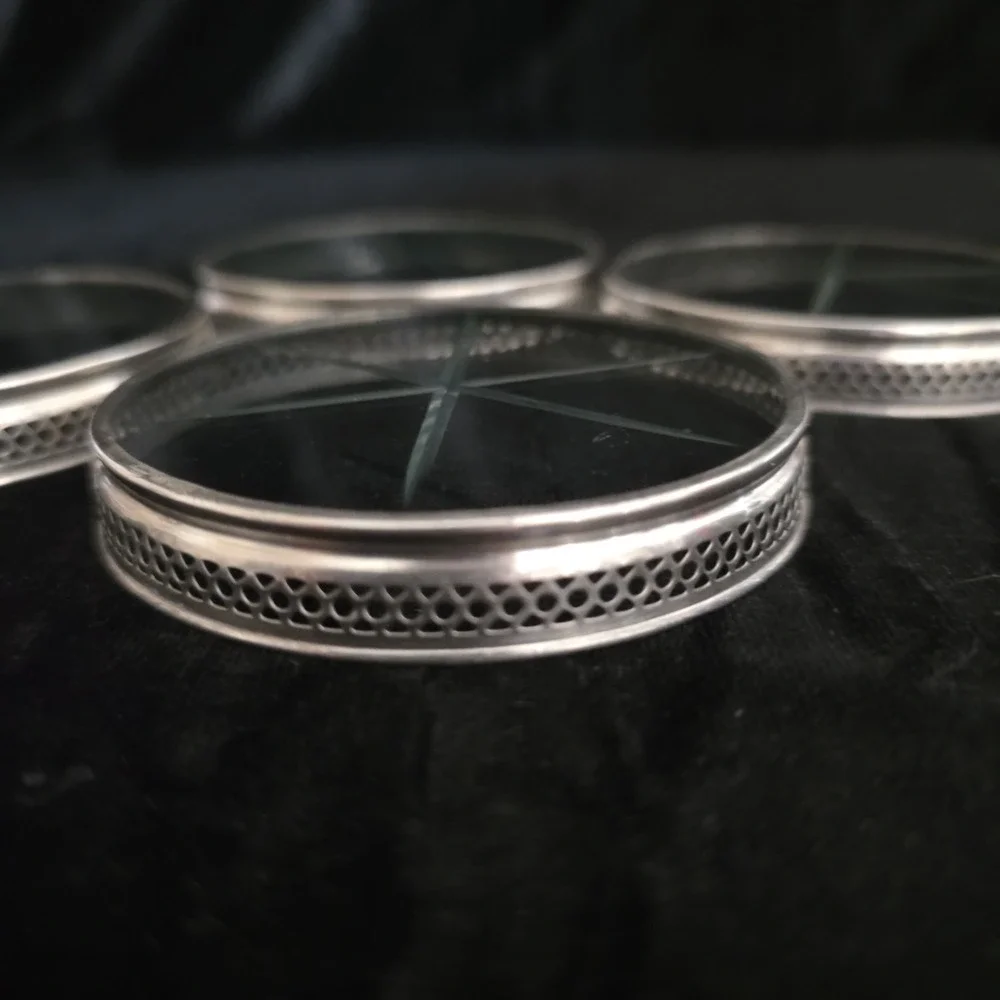 Set Of 4 Webster Sterling Silver Reticulated Cut Glass Starburst Coasters 3